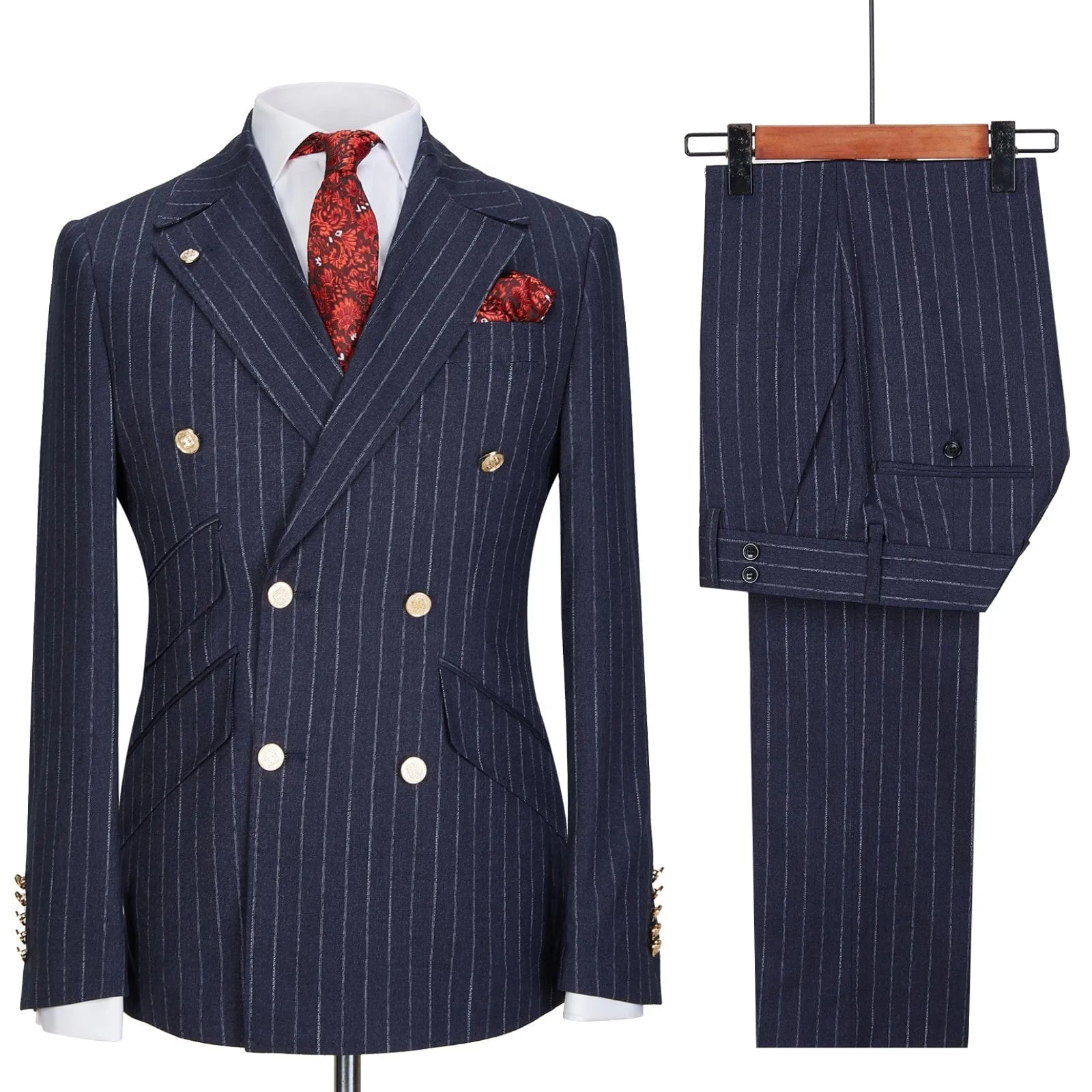 Formal Bussiness Striped 2 Pieces Mens Peak Lapel Suit Tuxedos (Blazer Pants)