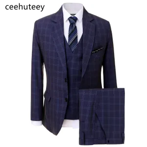 Formal Plaid Men's Business 3 Pieces Tweed  Notch Lapel Suit (Blazer vest Pants)