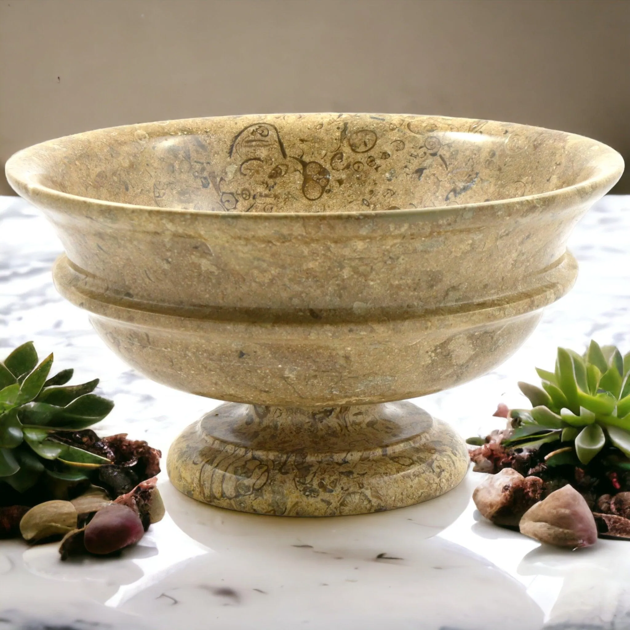 Fossil Stone Pedestal Fruit Bowl of Classic Design