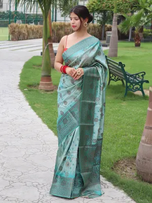 Fountain Blue Saree in Banarasi Silk Woven with Floral Prints