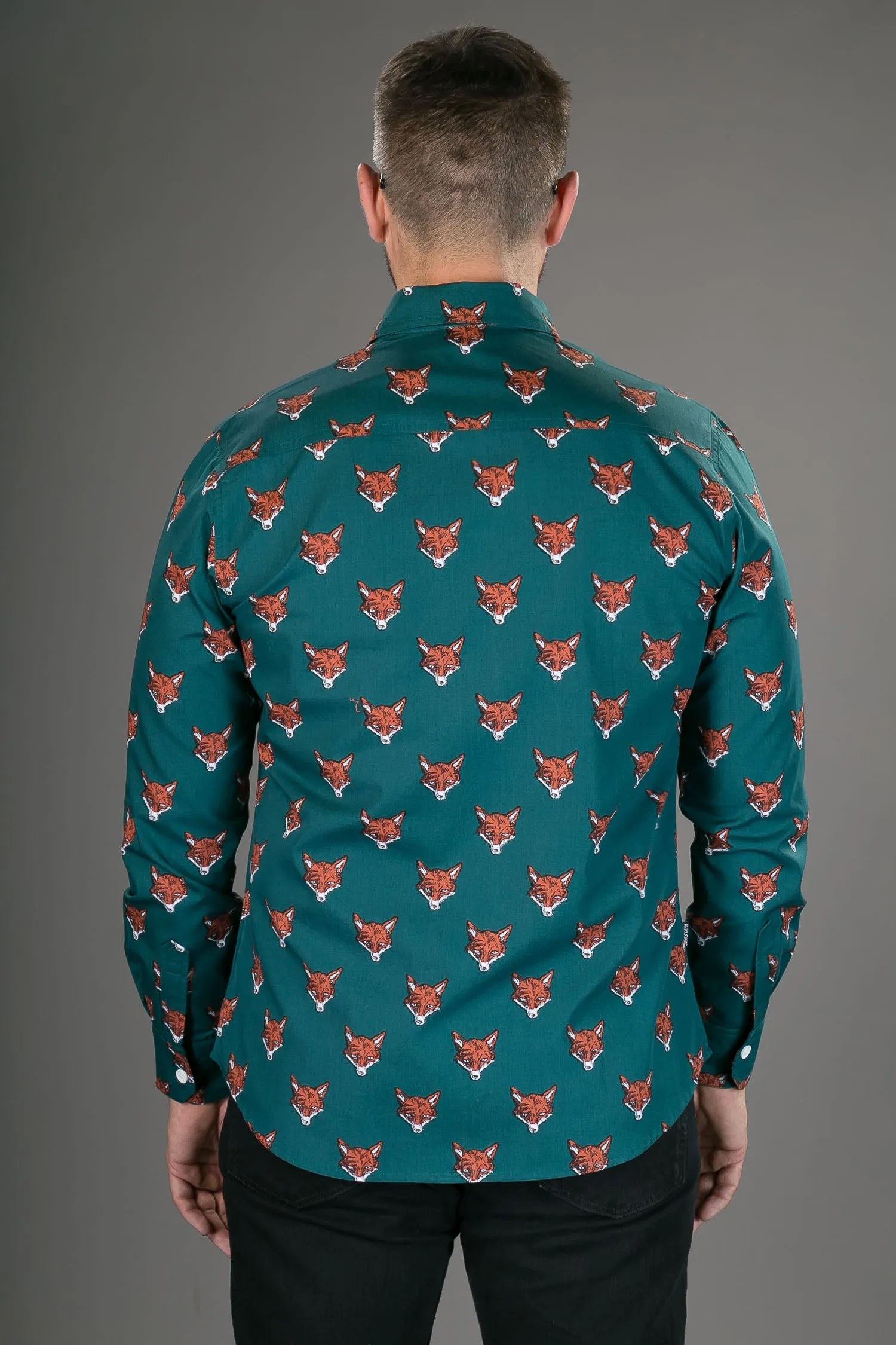 Fox Print Green Cotton Slim-Fit Long-Sleeve Mens Shirt