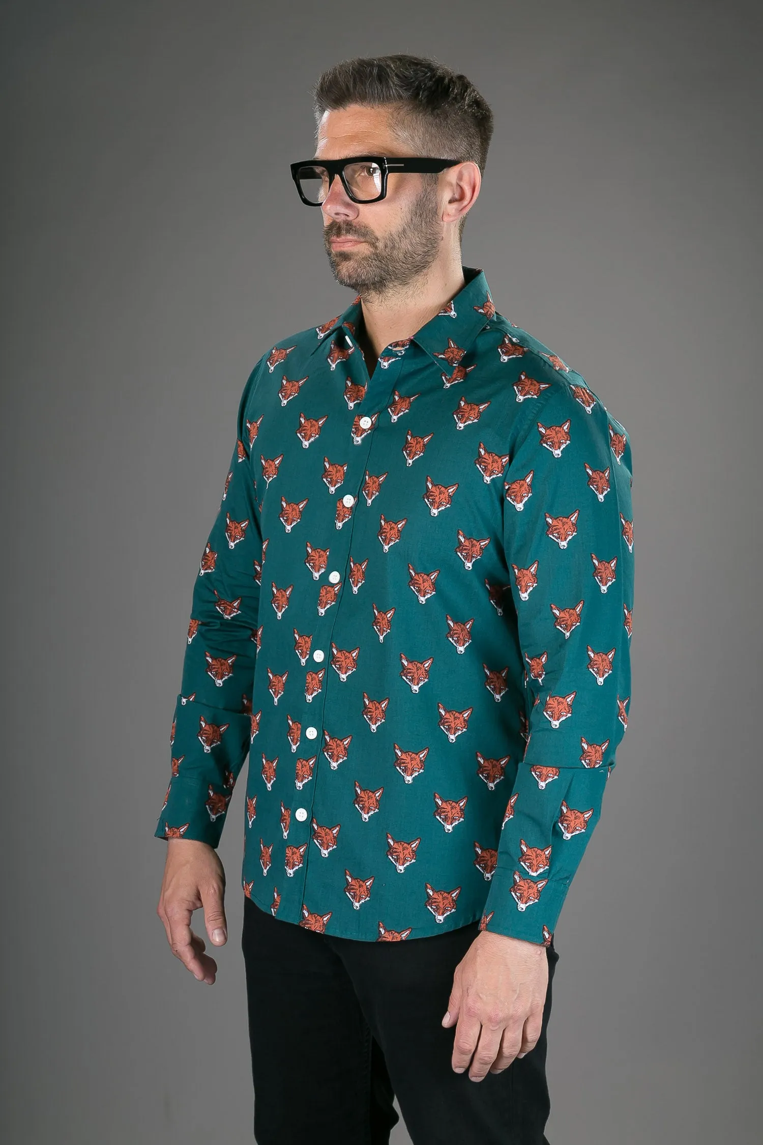 Fox Print Green Cotton Slim-Fit Long-Sleeve Mens Shirt