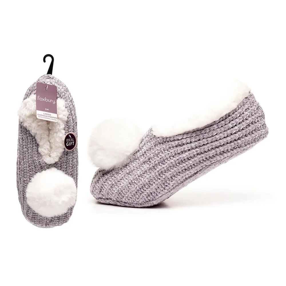 Foxbury Womens Chenille Footies Slippers Socks Sherpa Lining