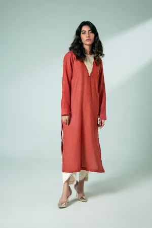 FOZIA KHALID  - Rust Embroidered Kurta - Rust - Karandi - 1 Piece