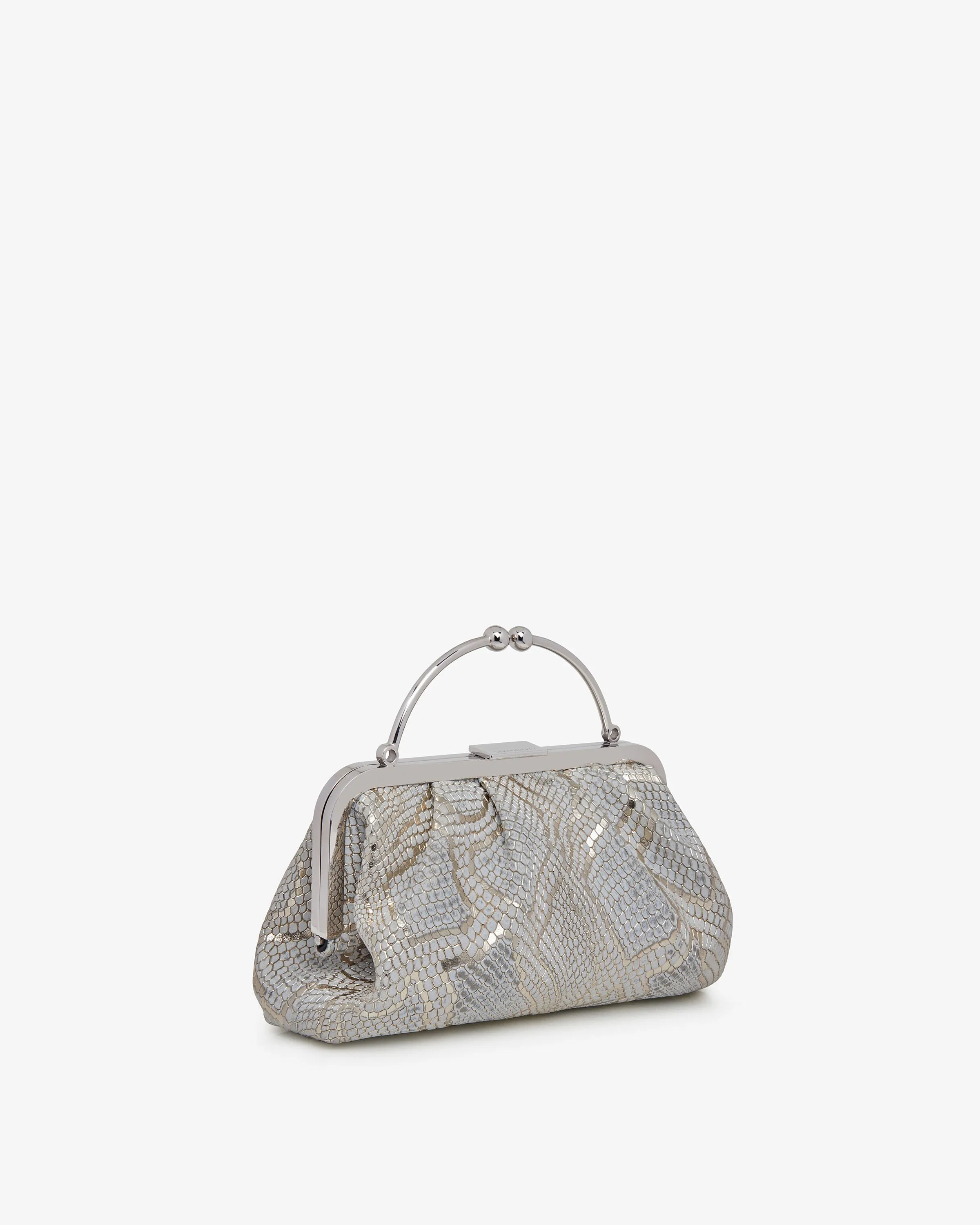 Frame Clutch - Snake-Embossed Leather Metallic Silver