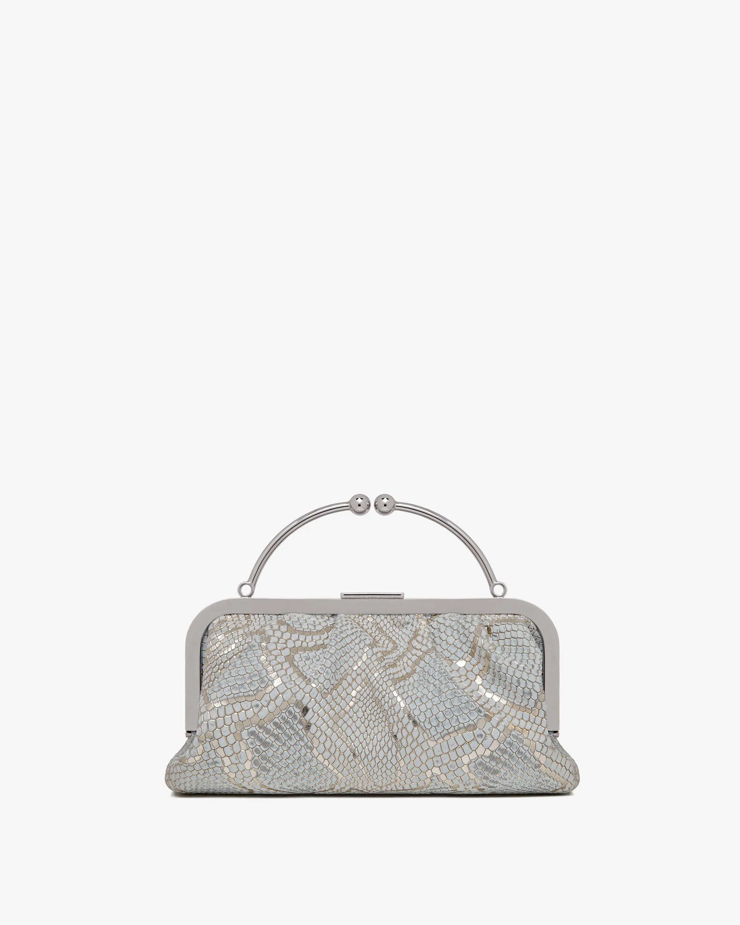 Frame Clutch - Snake-Embossed Leather Metallic Silver