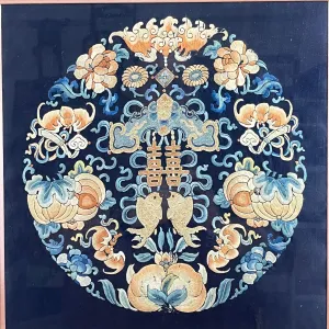 Framed Chinese Silk Blue Emboidery Wedding Roundel 23"