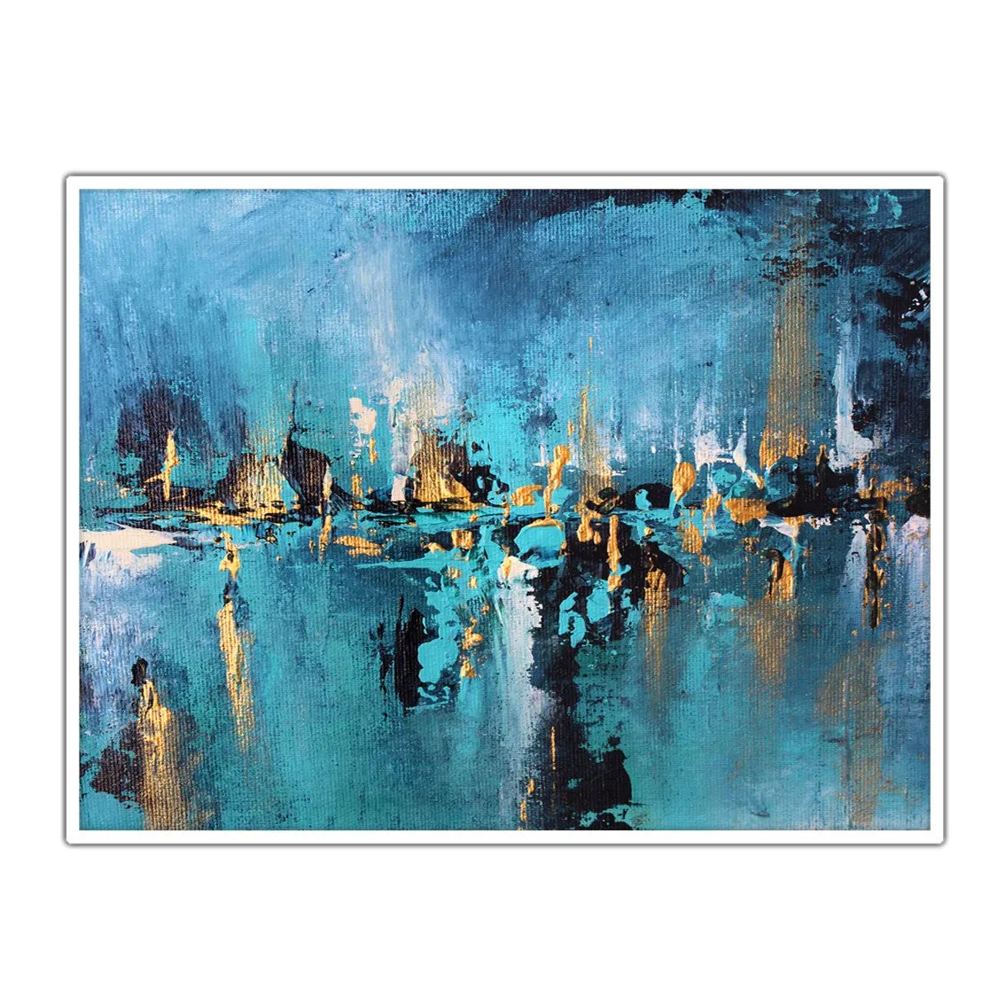 Framed horizontal blue & gold abstract wall art print