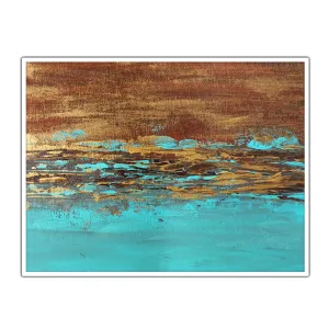 Framed horizontal teal blue & gold abstract wall art print