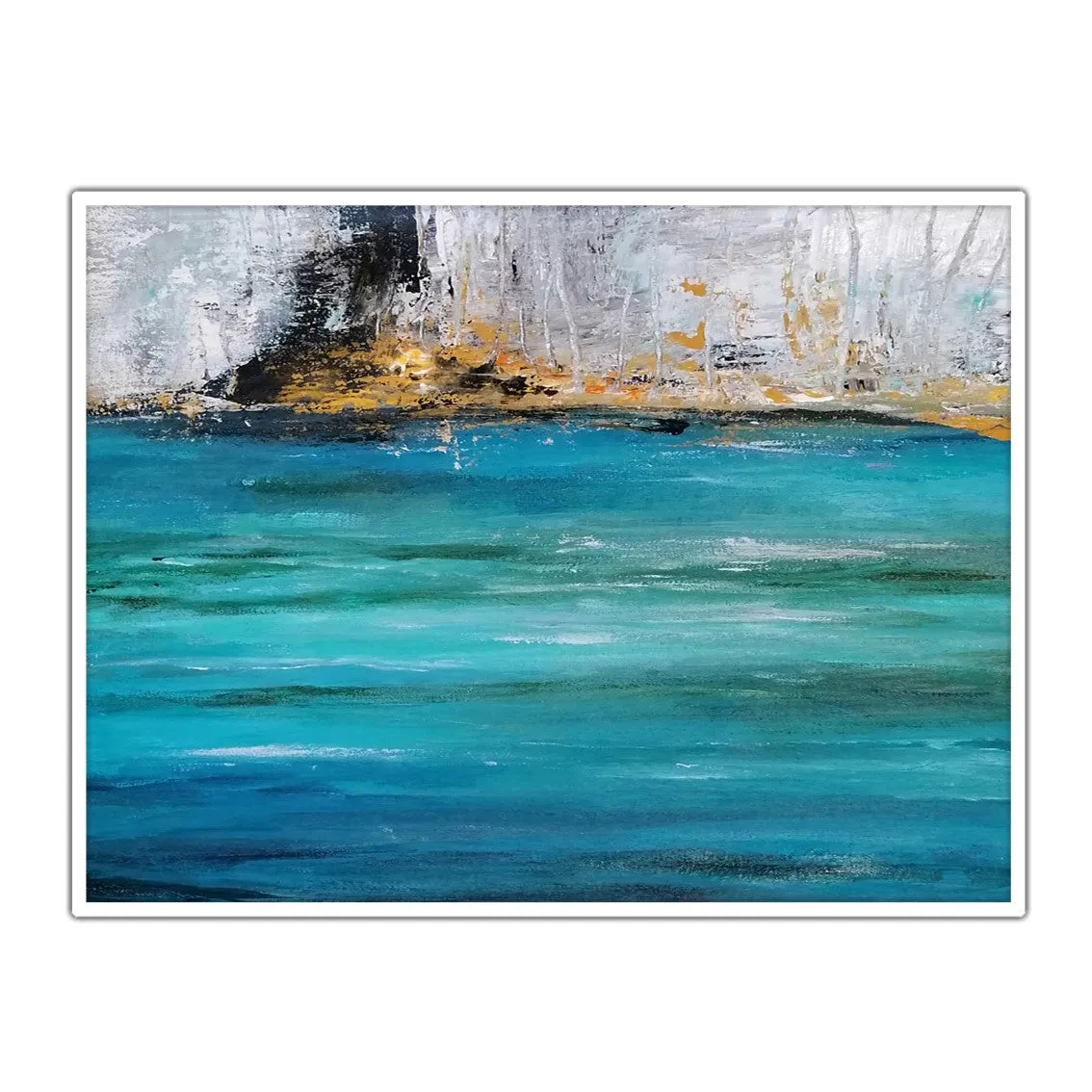 Framed horizontal teal blue & orange abstract seascape wall art print