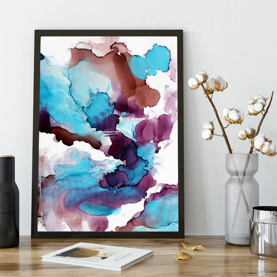 Framed vertical blue, purple & brown abstract alcohol ink art print