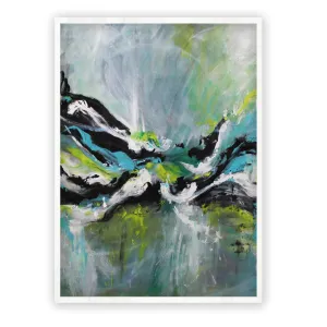 Framed vertical neutral, teal & lime green abstract wall art print