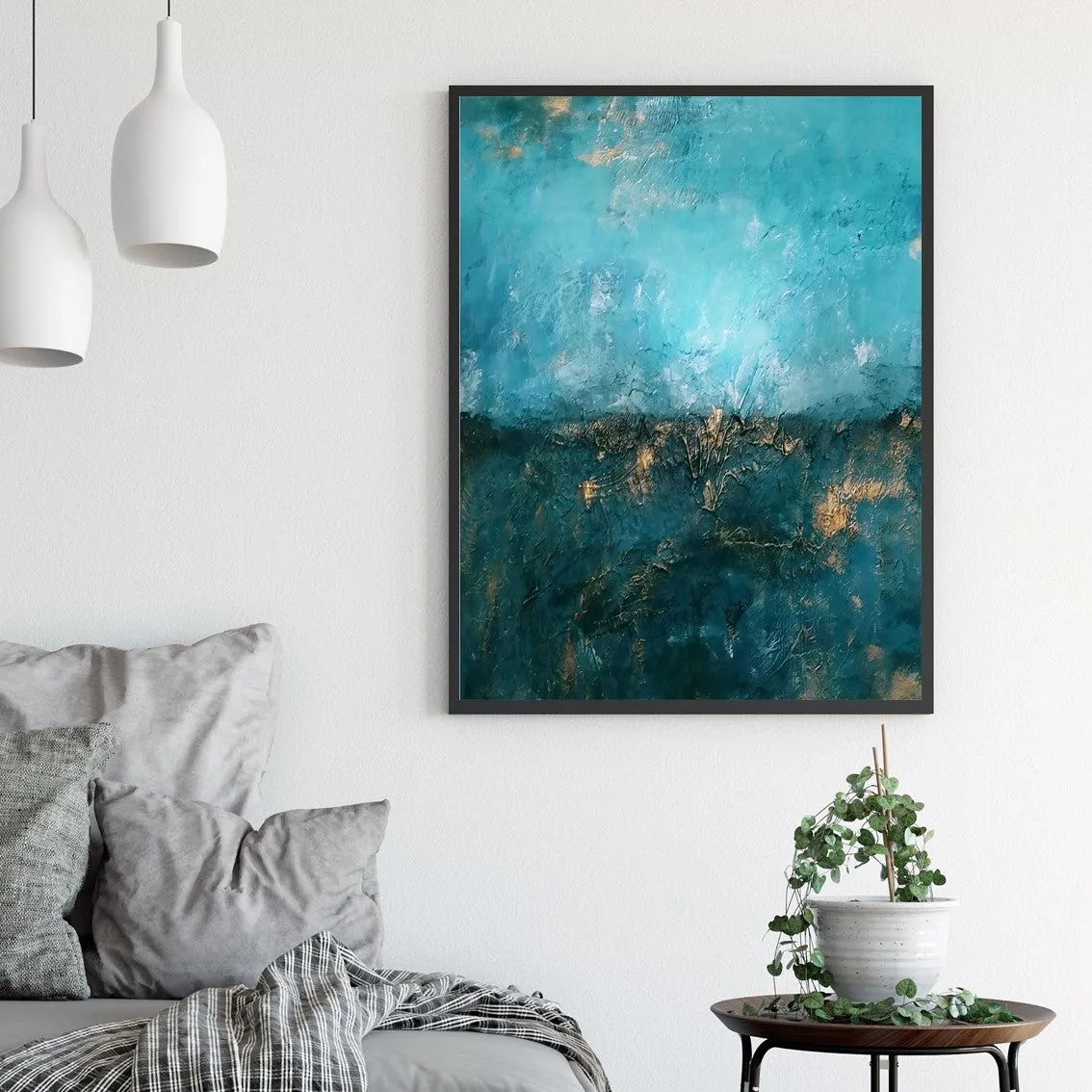 Framed vertical teal, green & gold abstract wall art print