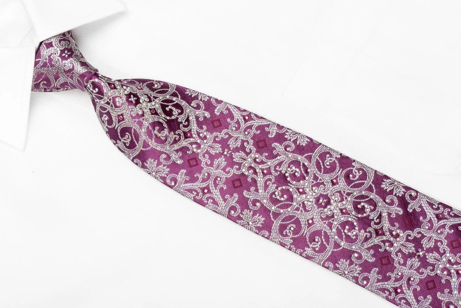 Franco Ferraro Men's Crystal Silk Tie Silver Damask On Purple With Silver Sparkles