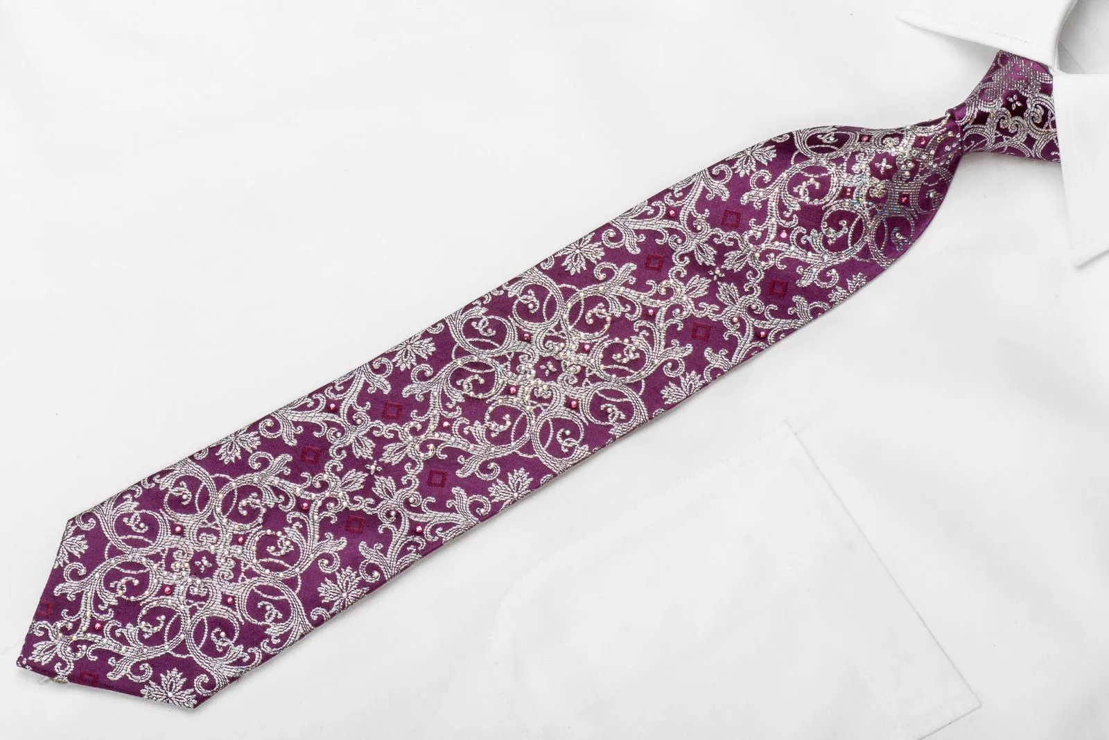 Franco Ferraro Men's Crystal Silk Tie Silver Damask On Purple With Silver Sparkles