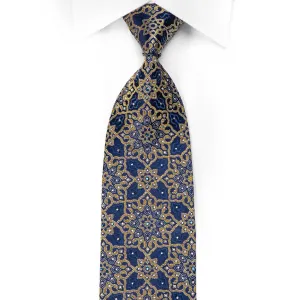 Franco Ferraro Men's Silk Necktie Yellow Arabesk On Blue With Sparkles