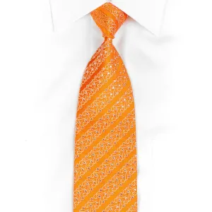 Franco Ferraro Mens Silk Rhinestone Necktie White Filigree On Orange With Silver Sparkles