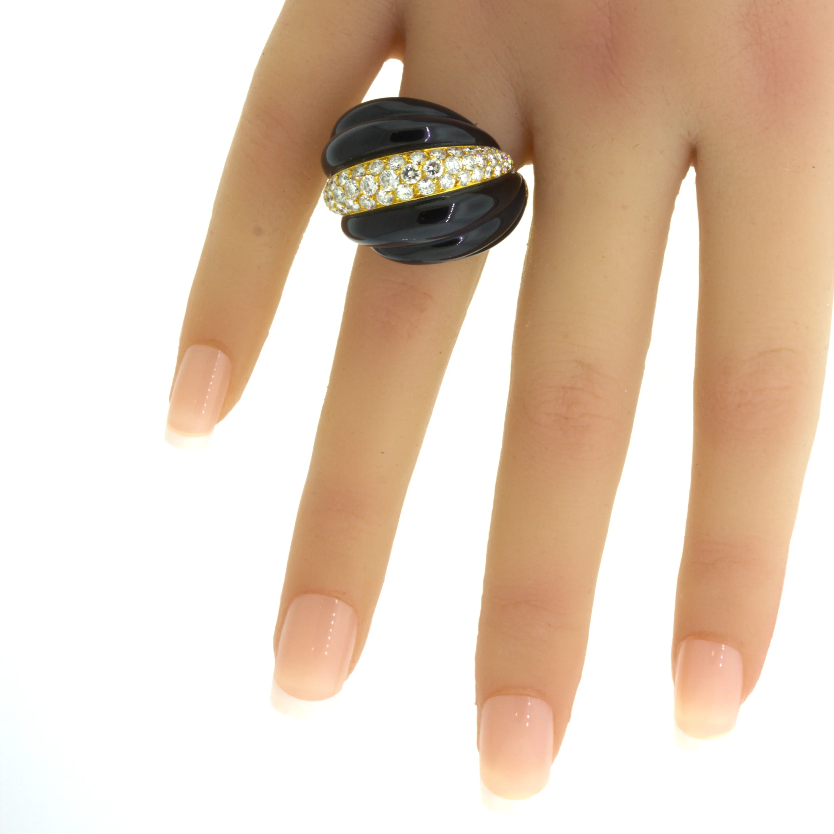 Fred Paris Diamond Onyx 18K Yellow Gold Cocktail Ring, French