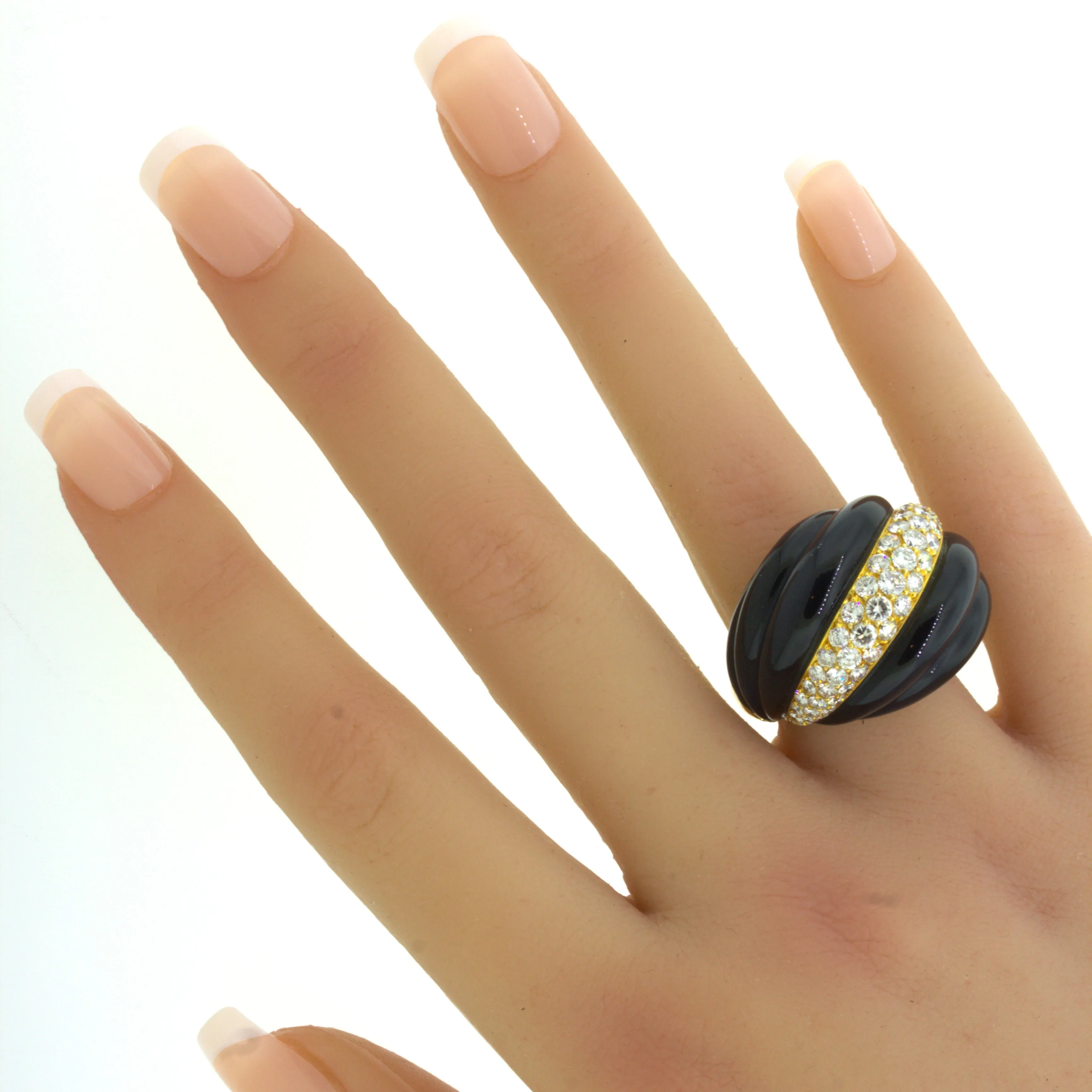 Fred Paris Diamond Onyx 18K Yellow Gold Cocktail Ring, French