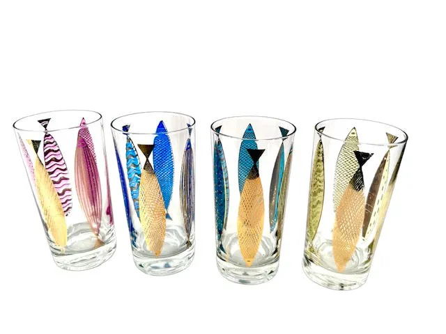 Fred Press Signed Mid-Century Fish Glasses (Set of 4)