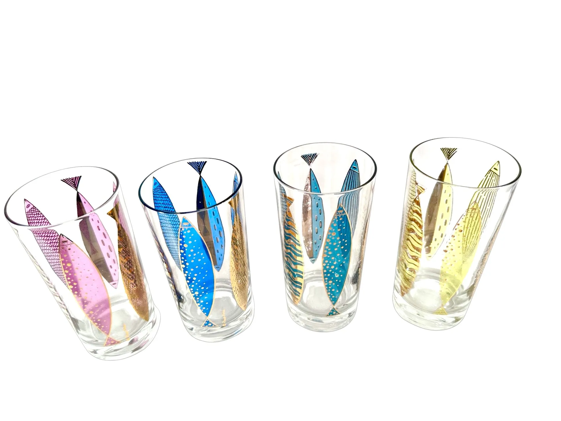 Fred Press Signed Mid-Century Fish Glasses (Set of 4)