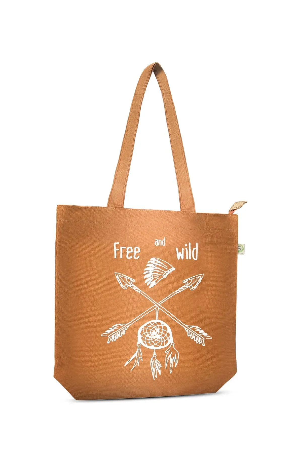 Free and Wild- Premium Cotton Canvas Tote Bag with Zip- Tan