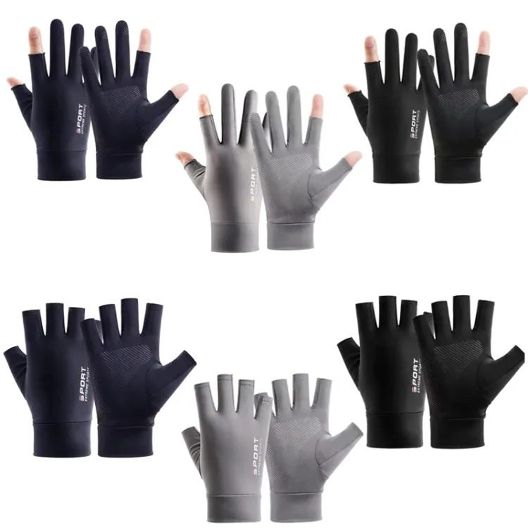 Free Code Summer Ice Silk Thin Sunscreen Gloves Fishing Non-slip Takeaway Rider Gloves(Two Finger Blue)