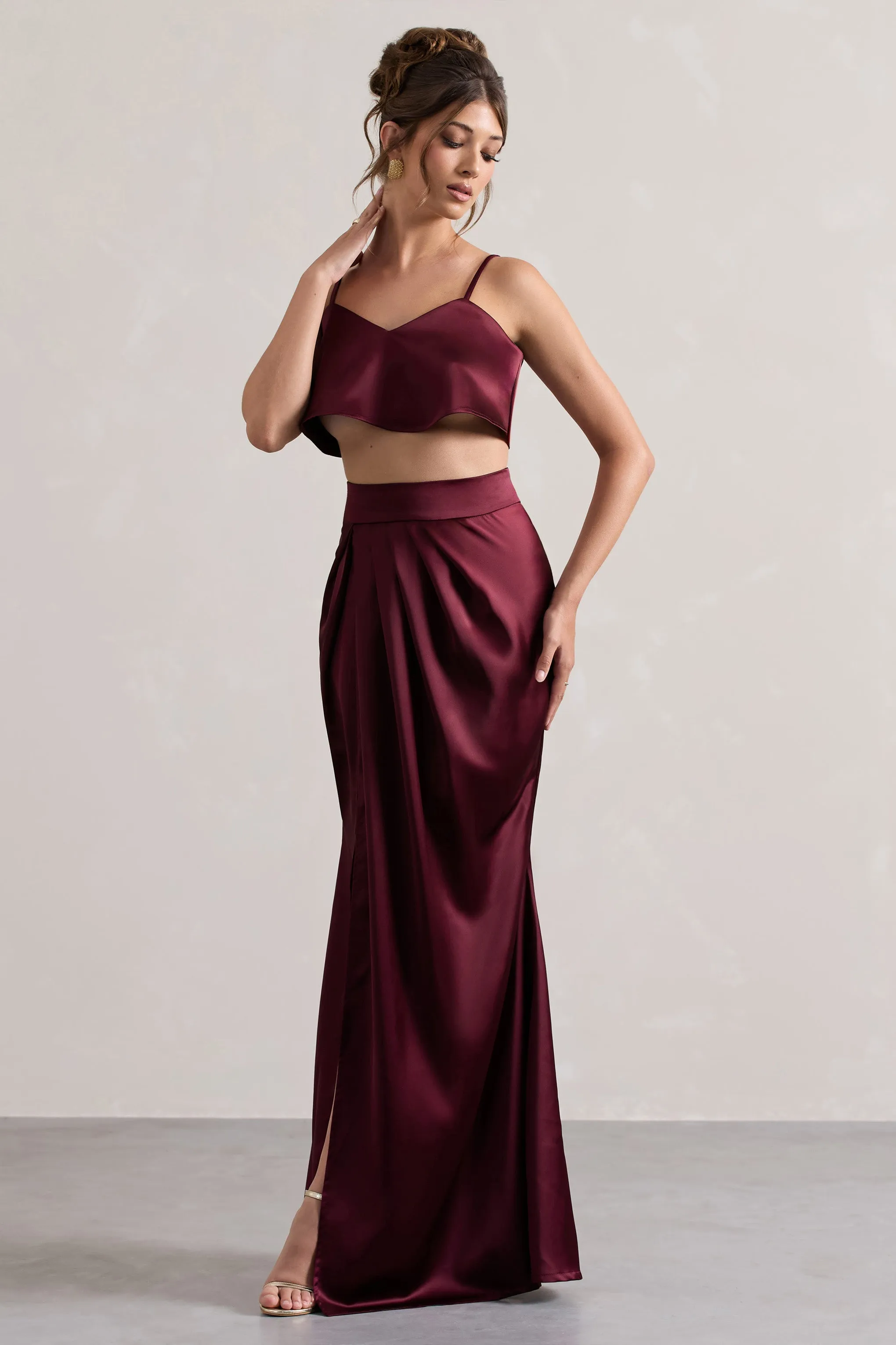 Free Feeling | Plum Satin Split Maxi Skirt