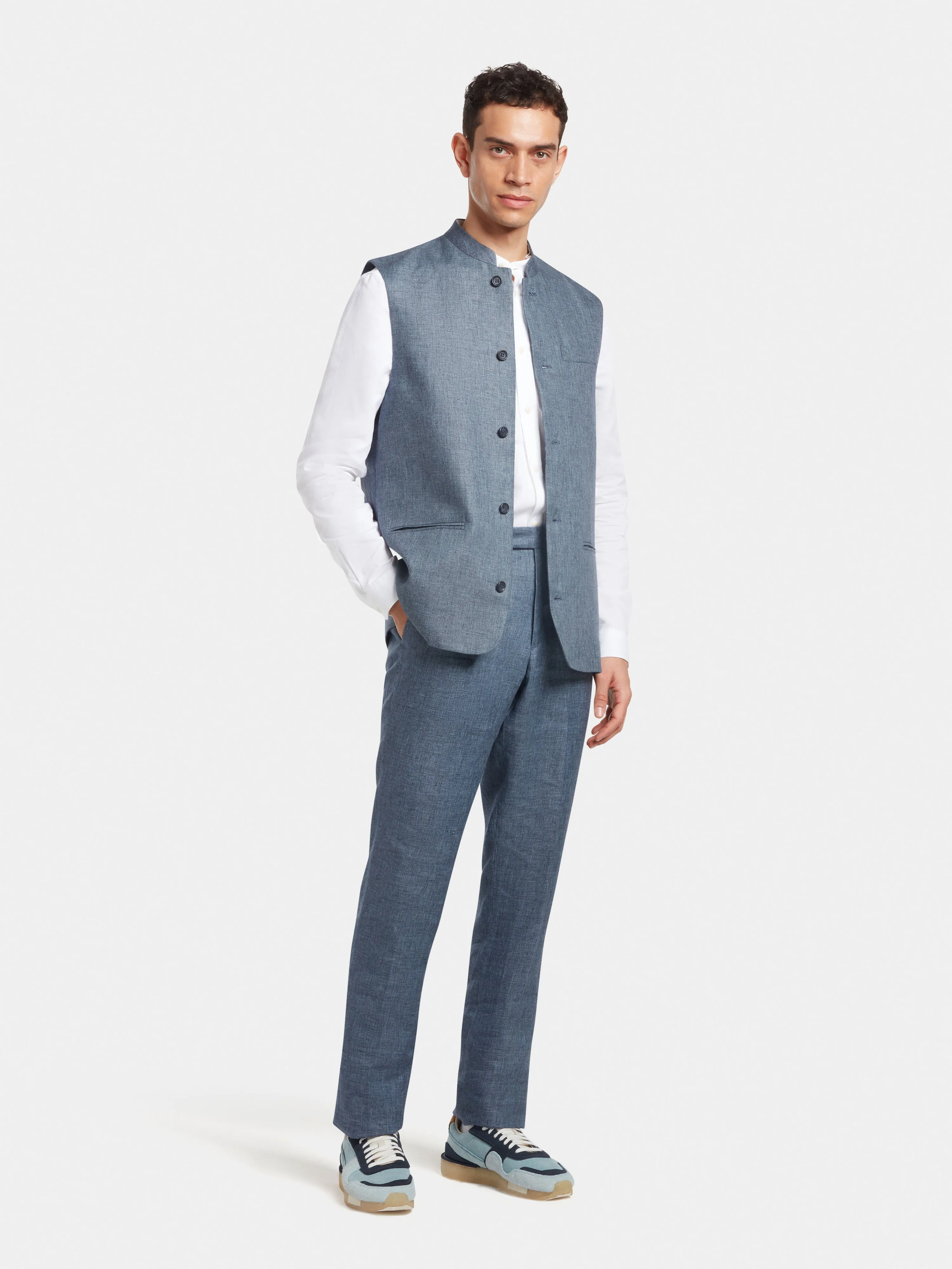 French Blue Linen Nehru Waistcoat