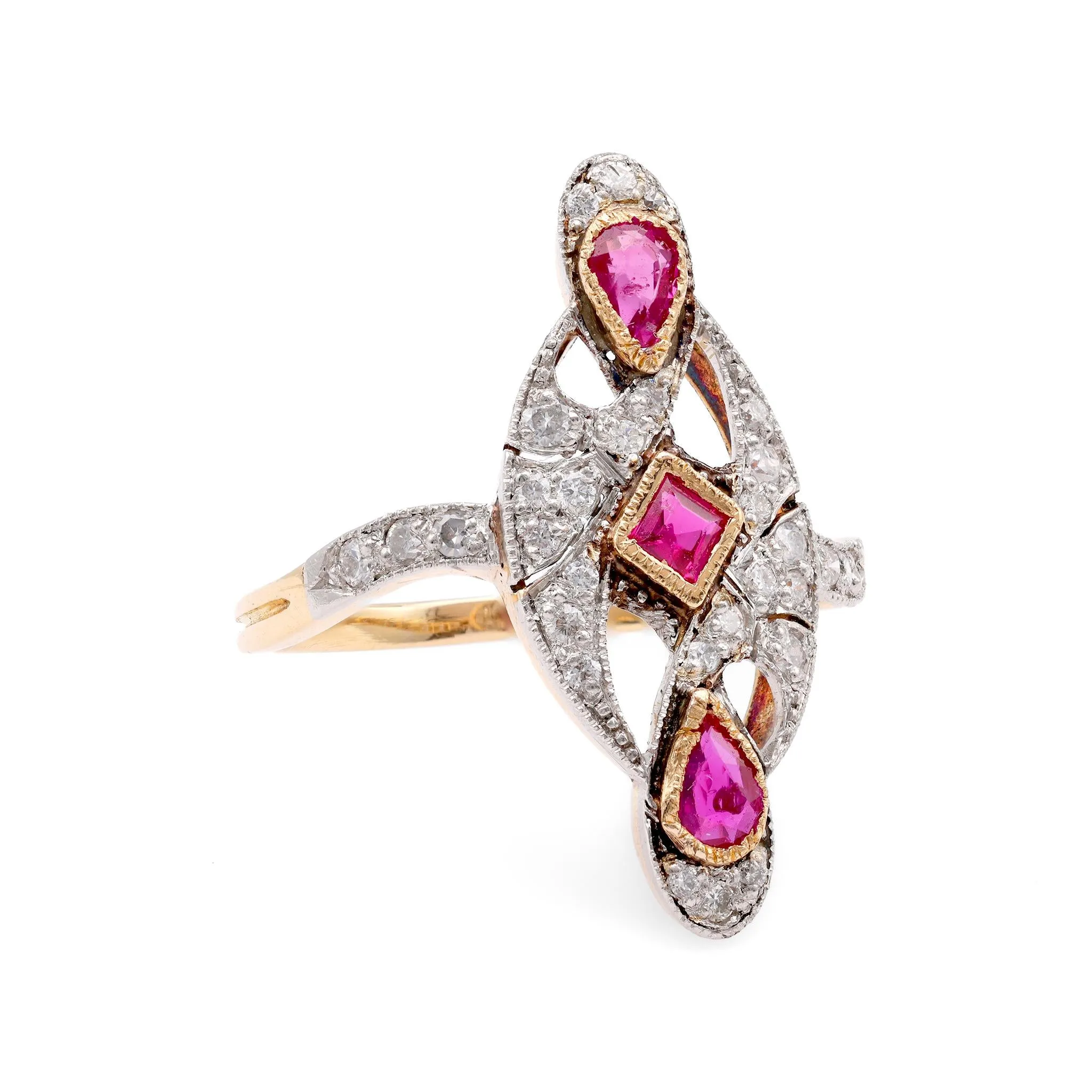 French Ruby Diamond Two Tone Navette Ring