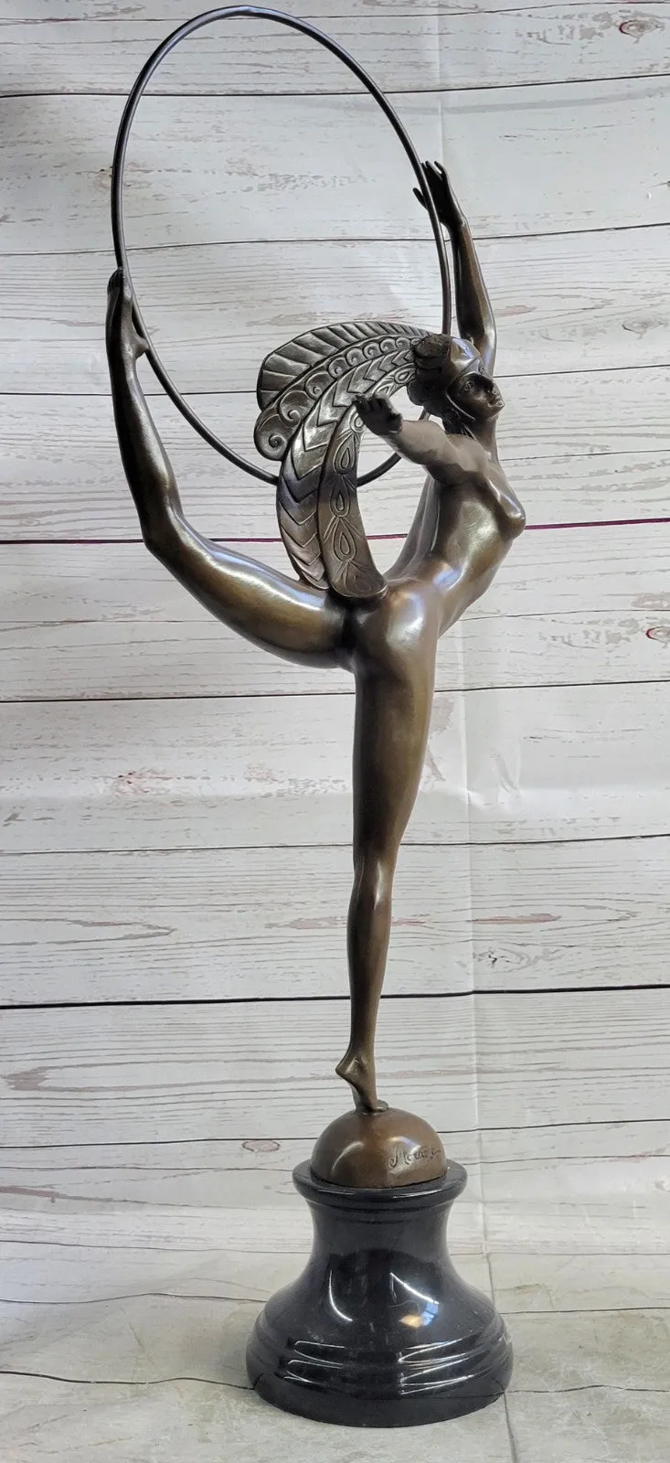 FRENCH SIGNED MORANTE HOOP DANCER BRONZE SCULPTURE ART DECO MARBLE BASE FIGURINE