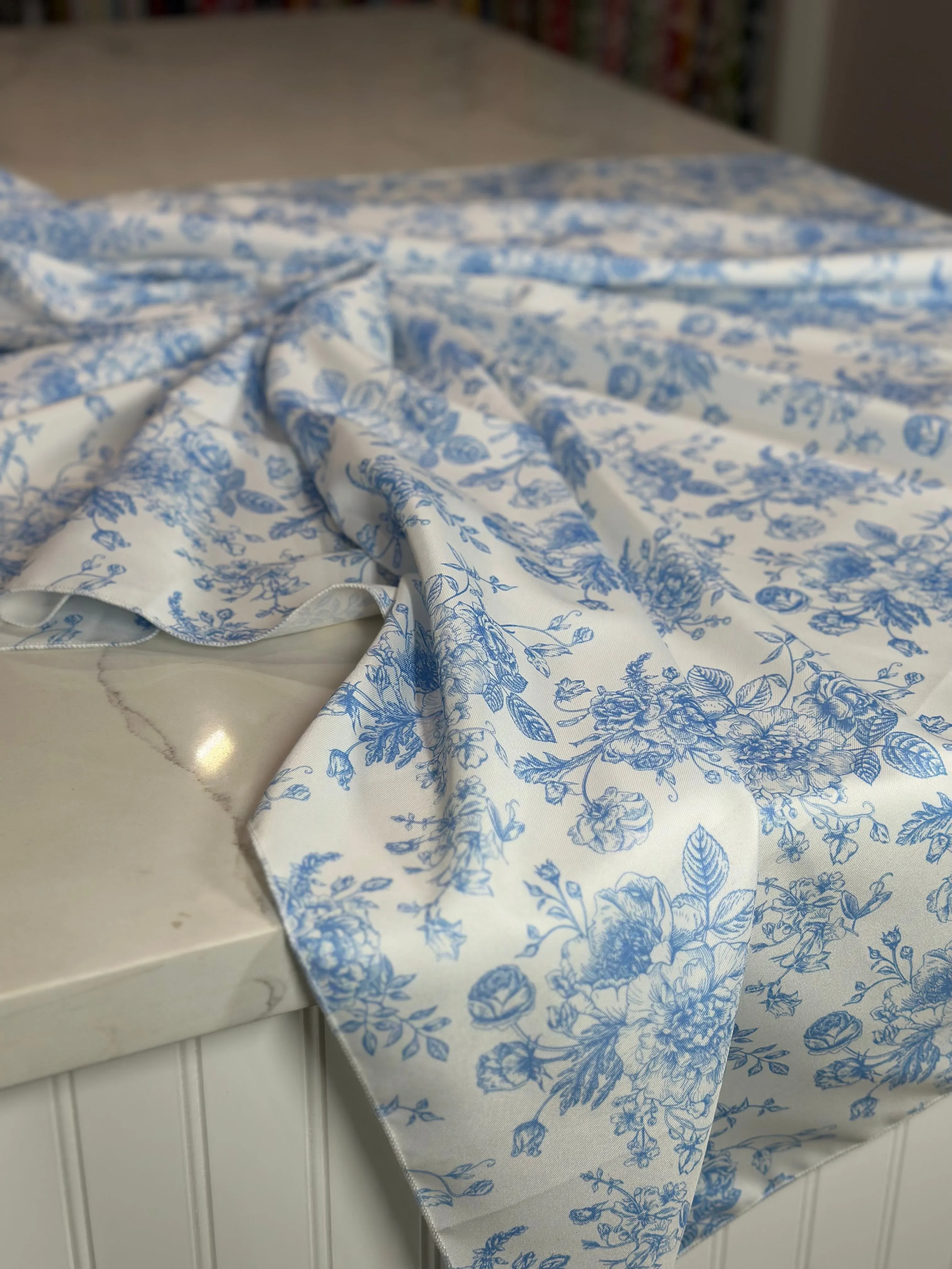 French Toile (Poly Print) Table Linen in Lt Blue