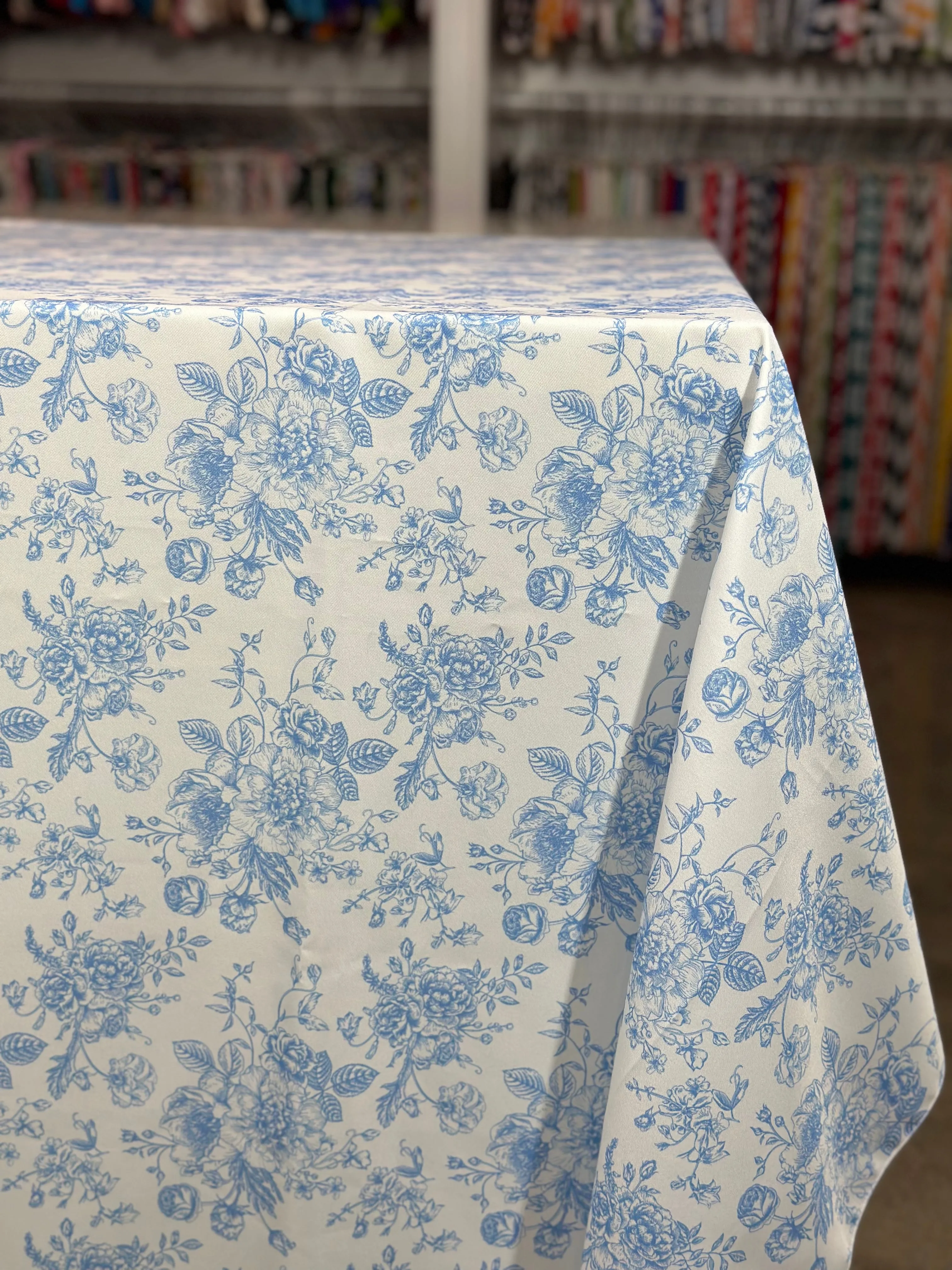 French Toile (Poly Print) Table Linen in Lt Blue