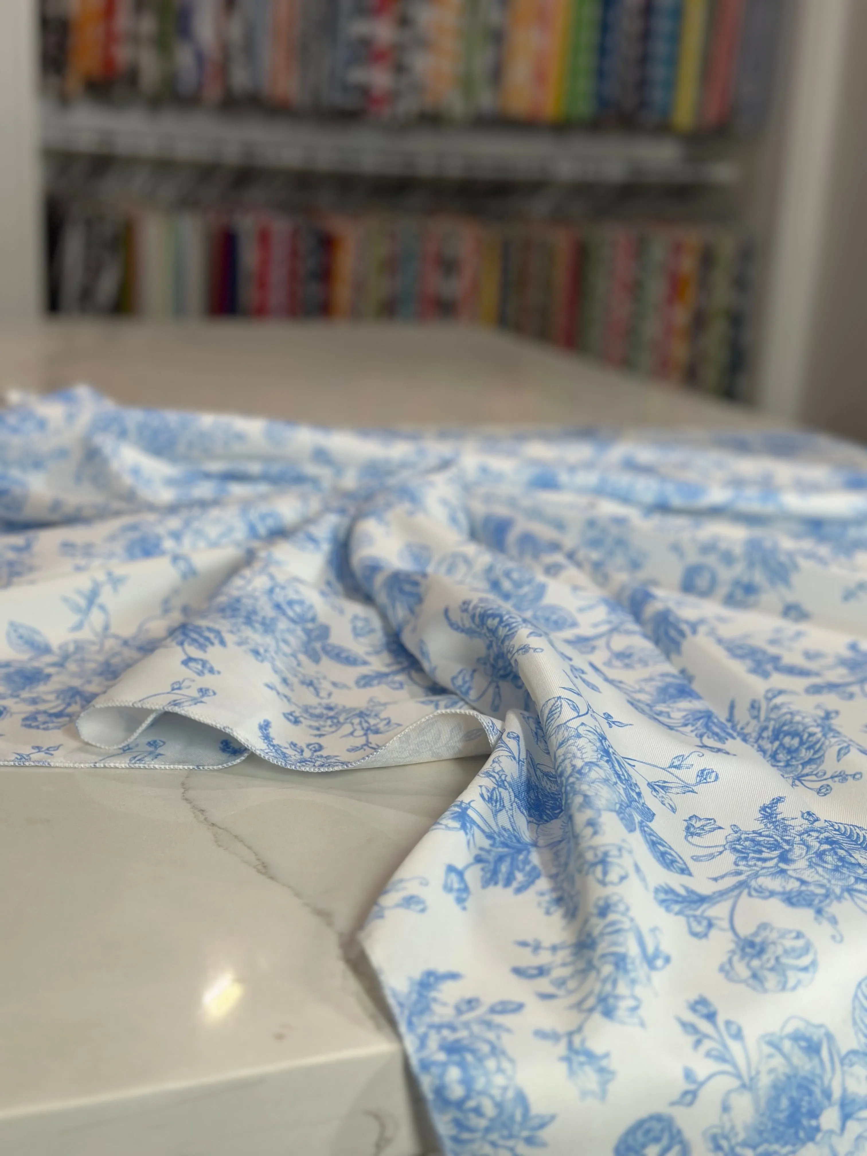 French Toile (Poly Print) Table Linen in Lt Blue