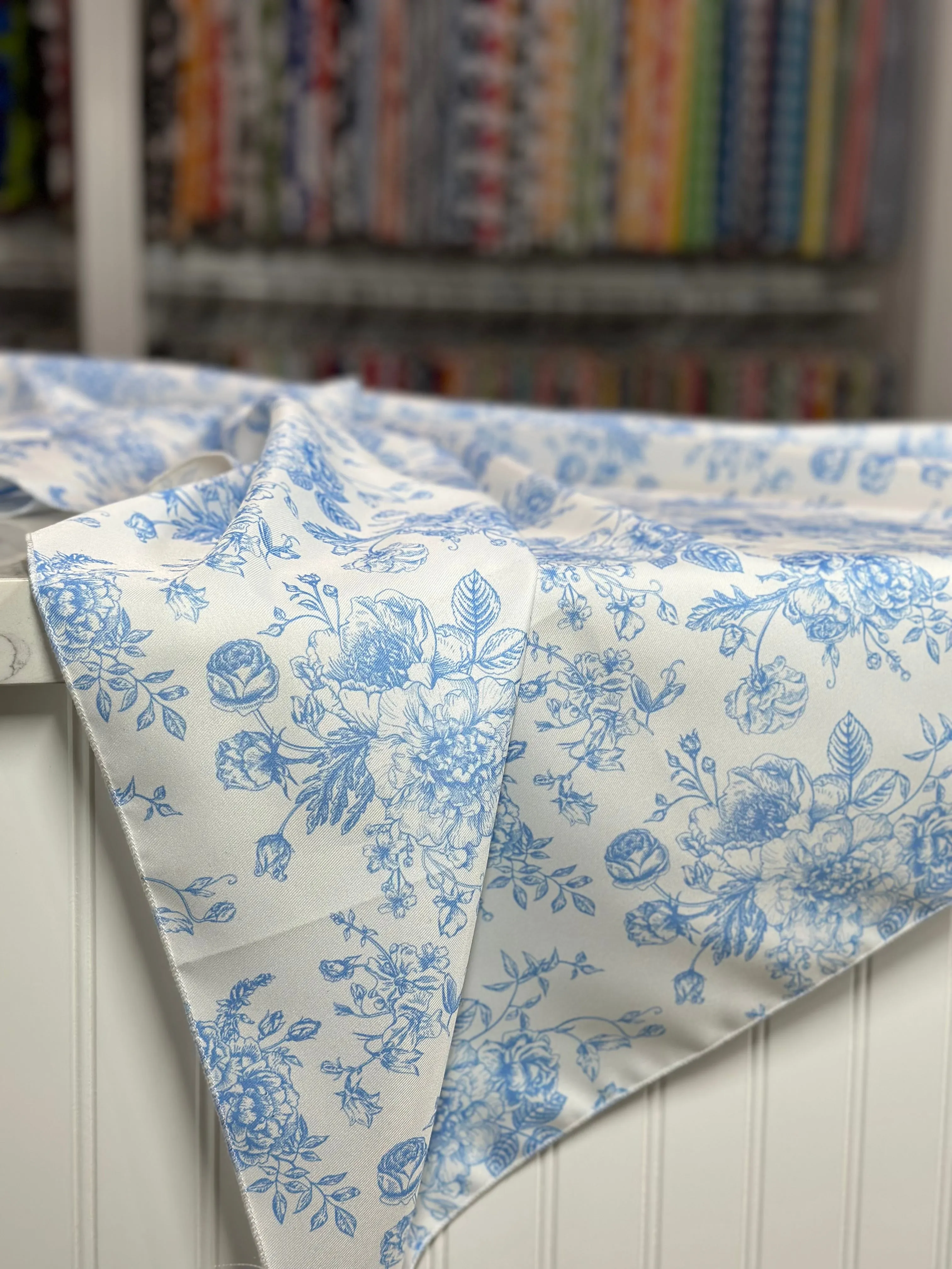 French Toile (Poly Print) Table Linen in Lt Blue