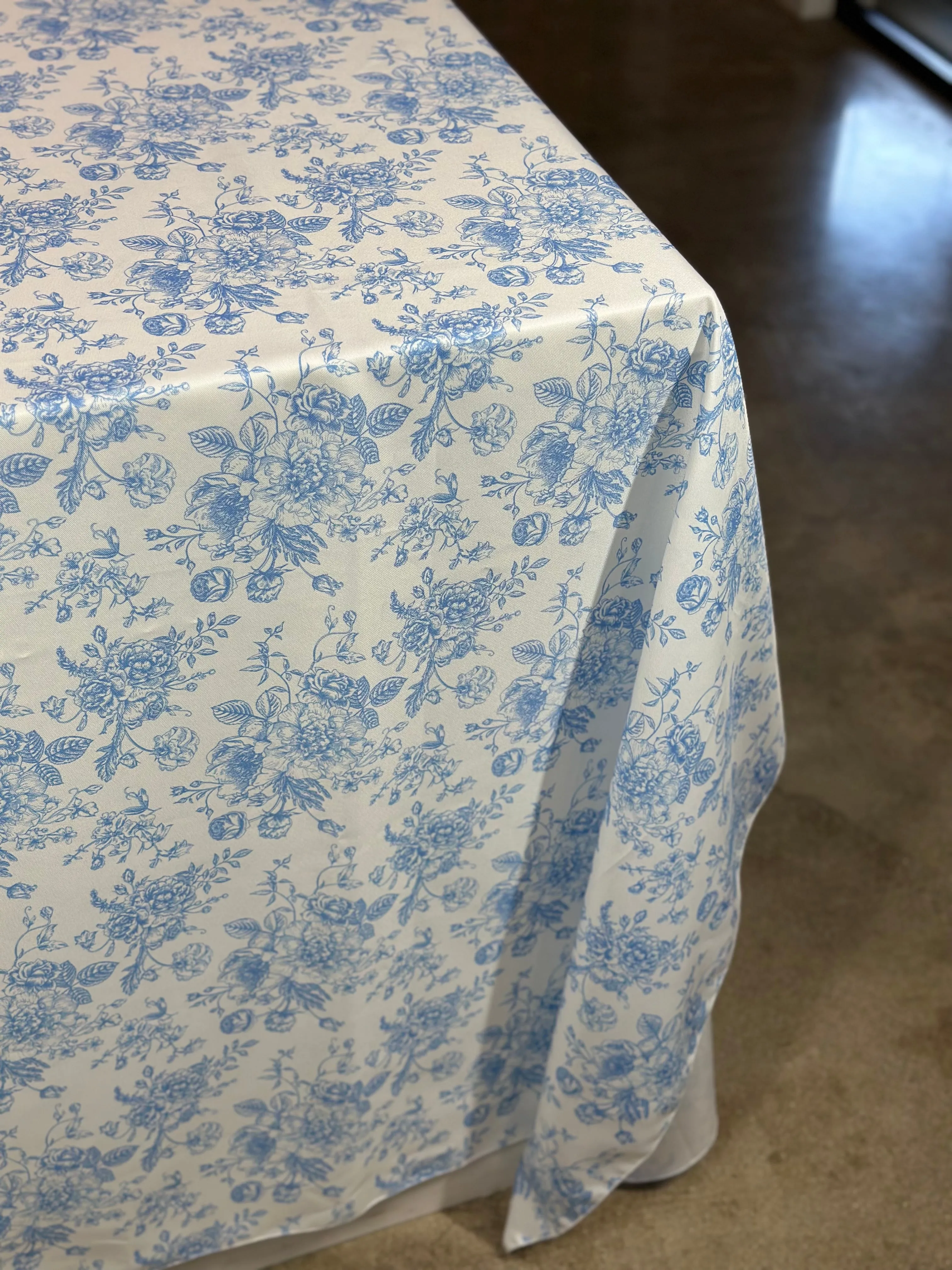 French Toile (Poly Print) Table Linen in Lt Blue