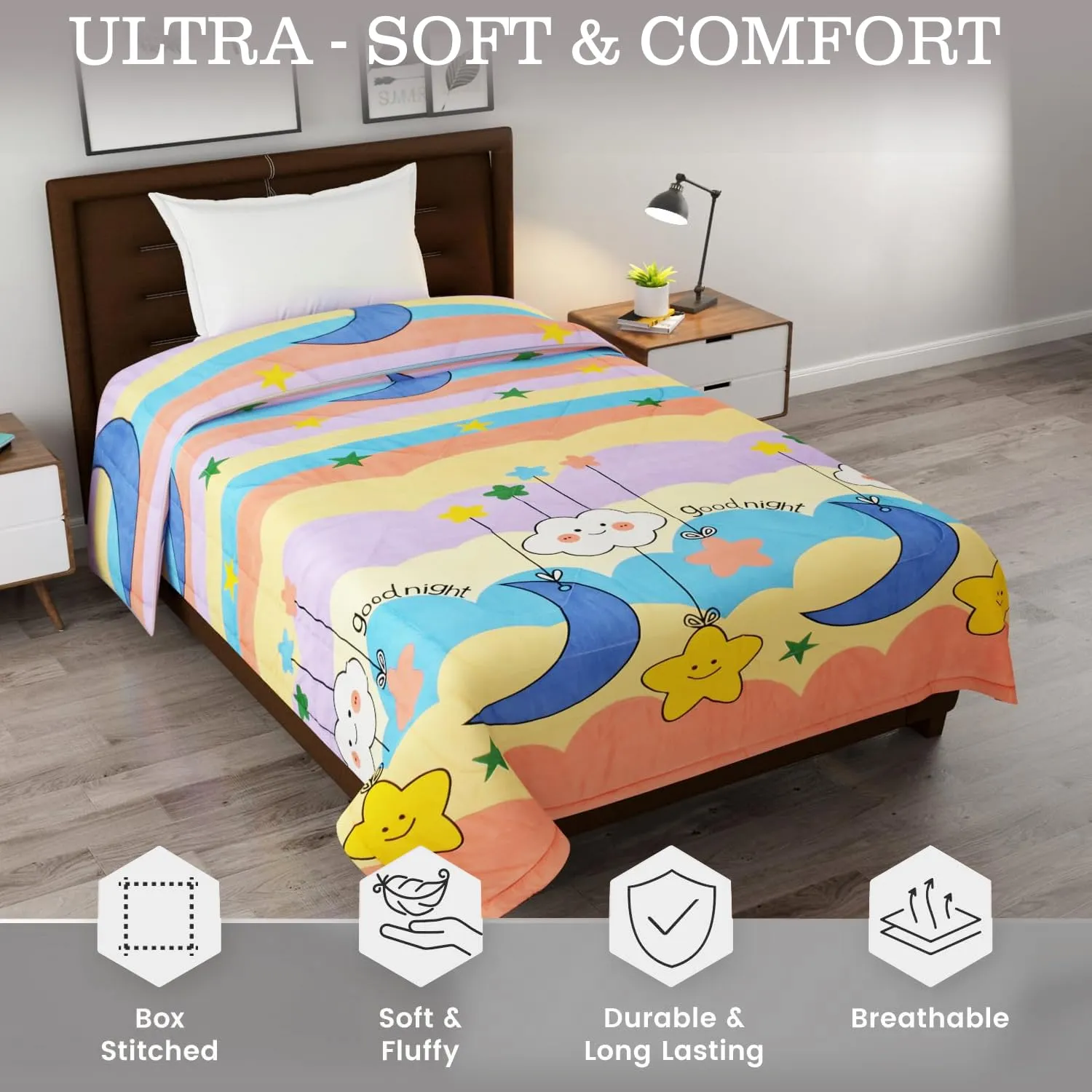 FRESH FROM LOOM Single Bed Kids Bed Blanket | Cartoon Printed Dohar for Kids Boy & Girls | Glace Cotton Soft Children Comforters | Summer & Winter Blanket (60x90 Inches | Gud Night Multi Color)