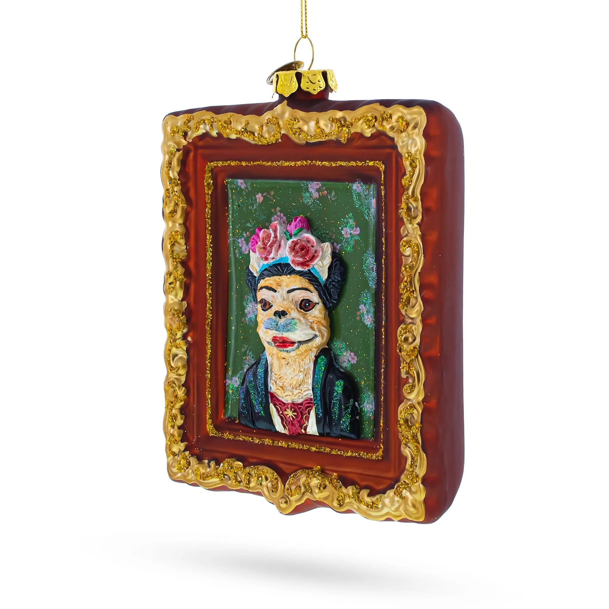 Frida Kahlo Inspired Dog Art - Blown Glass Christmas Ornament