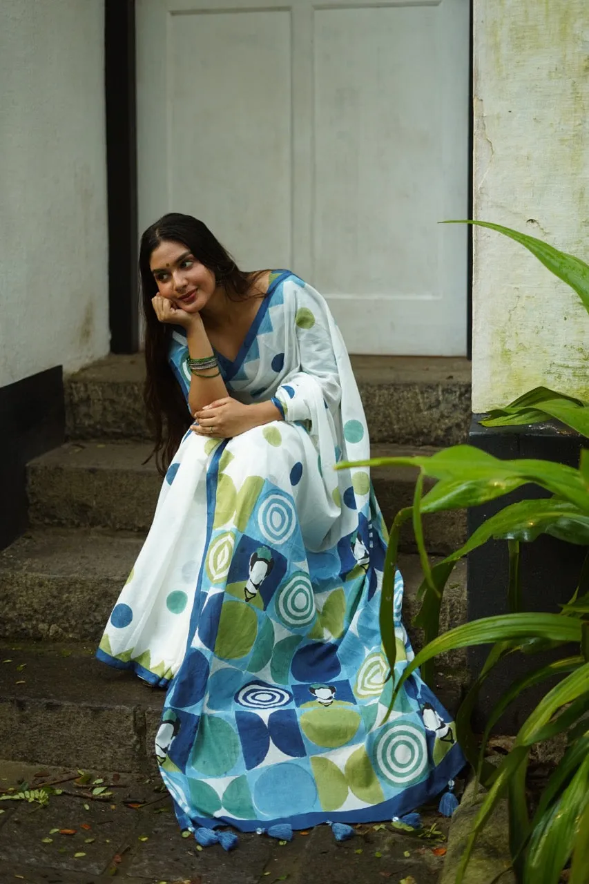 FRIDA'S GEOMETRIC GARDEN - Mul Cotton Saree