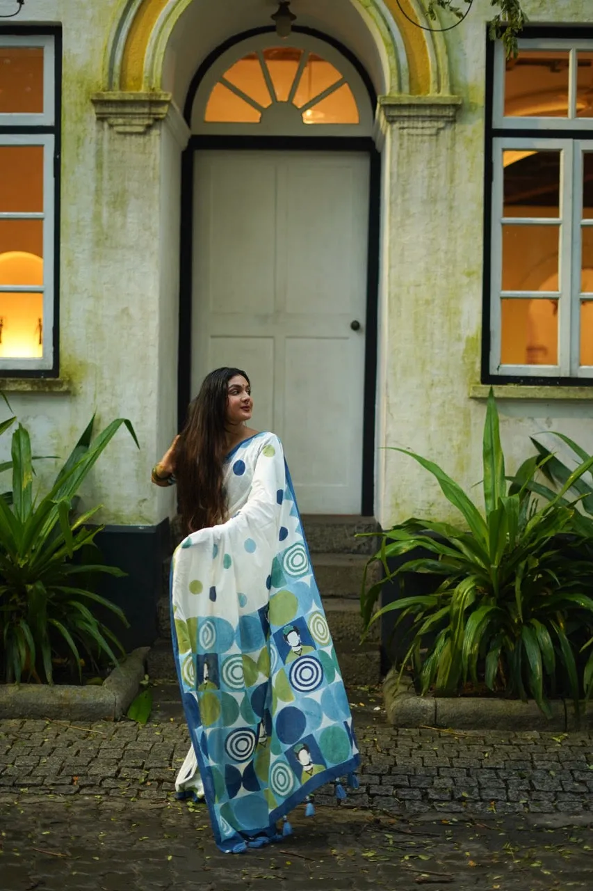 FRIDA'S GEOMETRIC GARDEN - Mul Cotton Saree