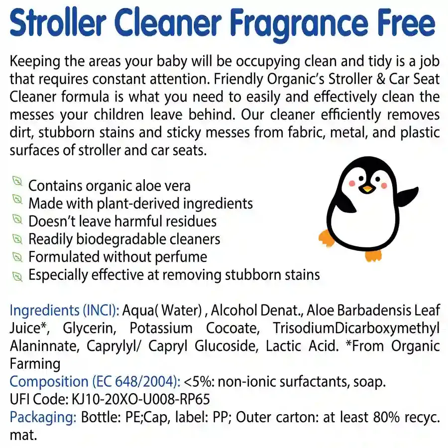 Friendly Organic 250ml Fragrance Free Stroller & Car Seat Cleaner, Clear