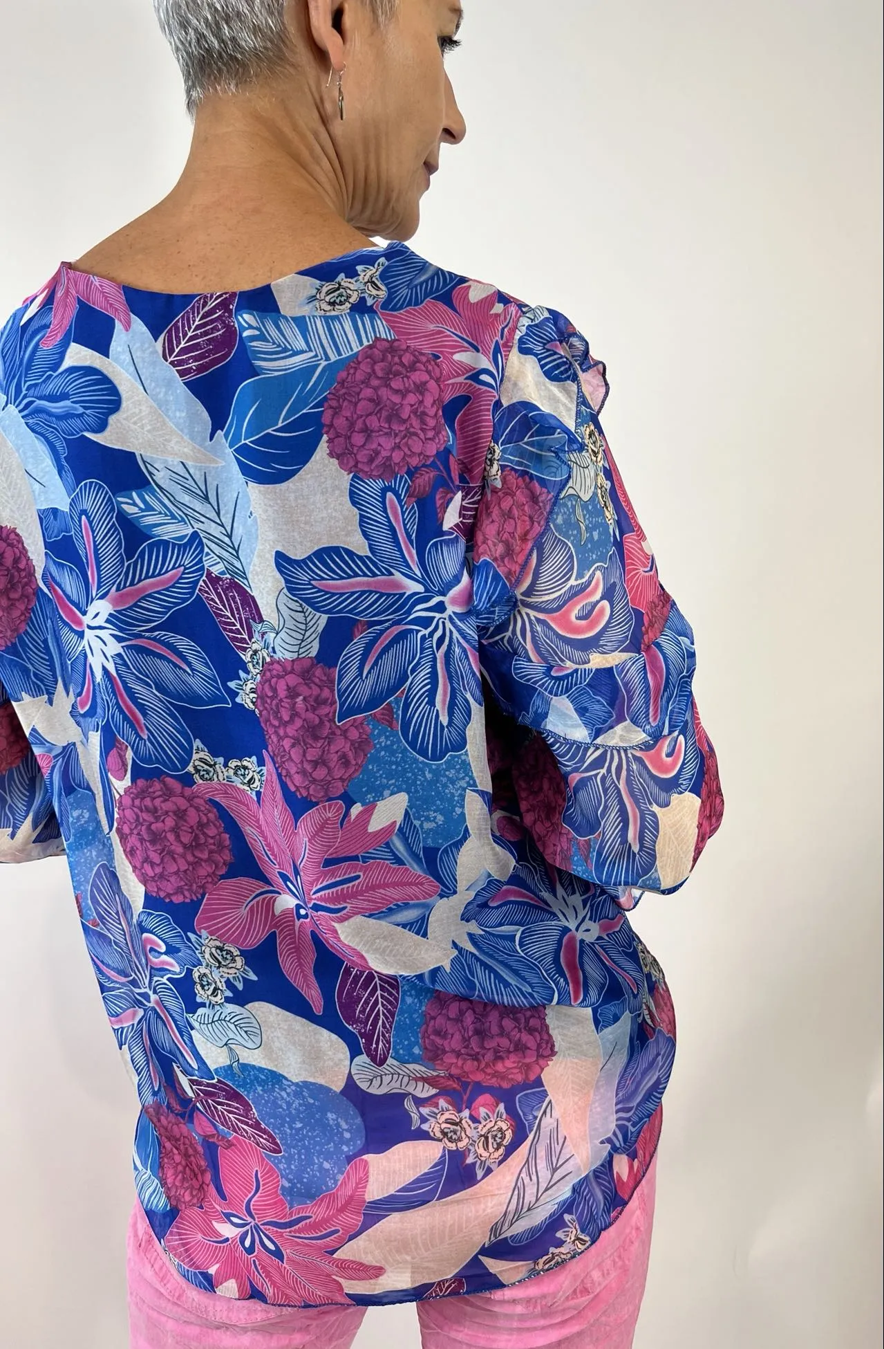 Frill Trim Top- Cobalt/Fuchia Floral