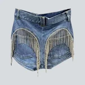 Fringe back pockets denim shorts