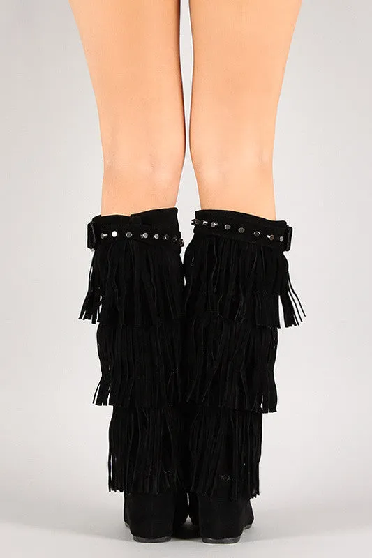 Fringe Studded Moccasin Knee High Wedge Boot