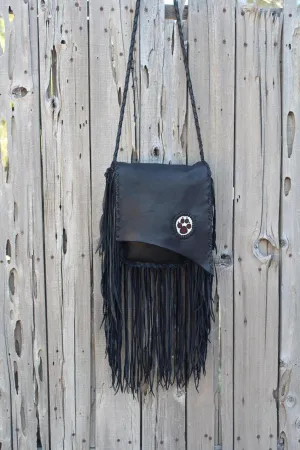 Fringed black handbag, beaded wolf paw handbag