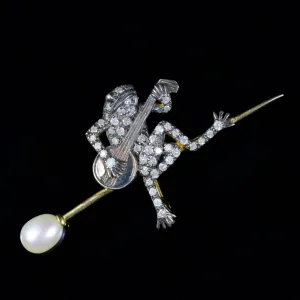 Frog Banjo Diamond Pearl Brooch 9Ct Gold Silver