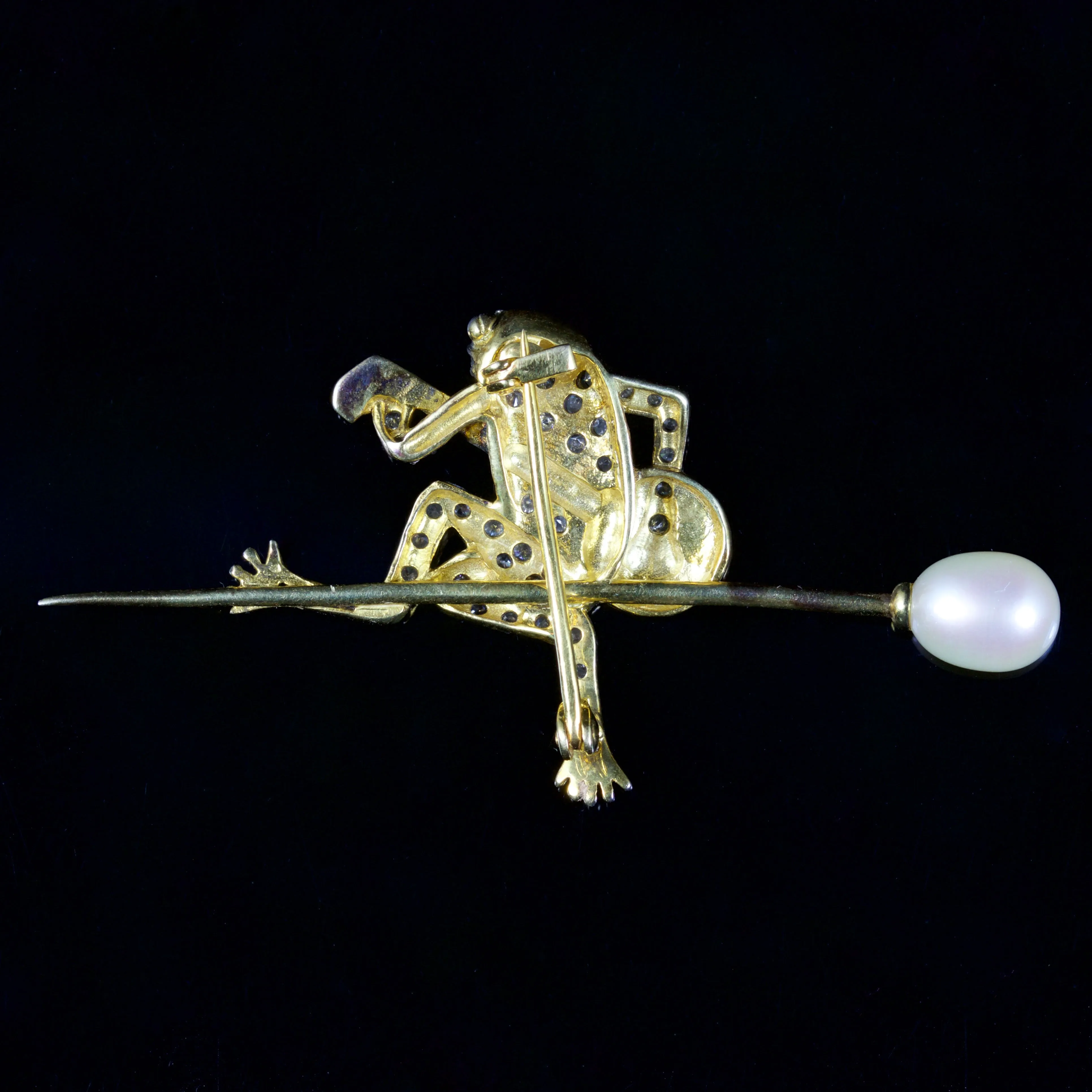 Frog Banjo Diamond Pearl Brooch 9Ct Gold Silver