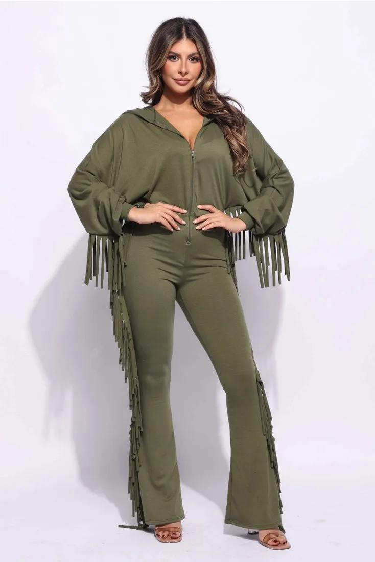 Front Zipper Fringe Jumpsuit