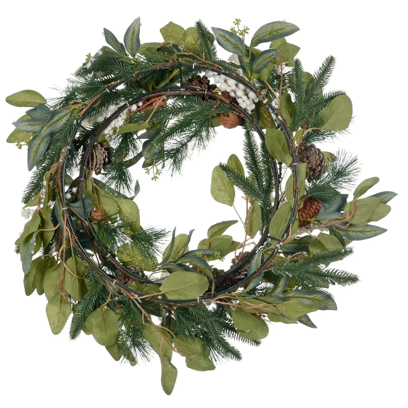 Frosted Christmas Wreath Snowberries Forest Pine Cones 60cm