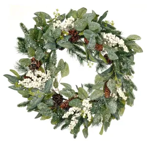 Frosted Christmas Wreath Snowberries Forest Pine Cones 60cm